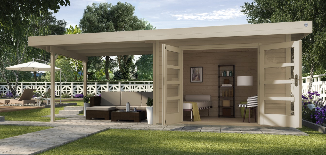 Lapostetős faház terassal hátfal nélkül Weka designhaus 126