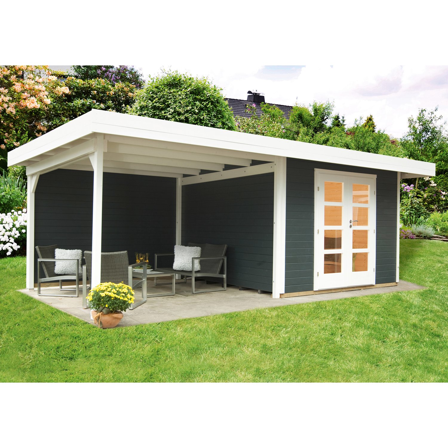 Weka faház terasszal 126-os designhaus terasz hátfallal